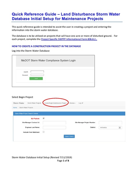 File:101 Land Disturbance Storm Water Database Initial Setup for Maintenance Projects QRG.pdf